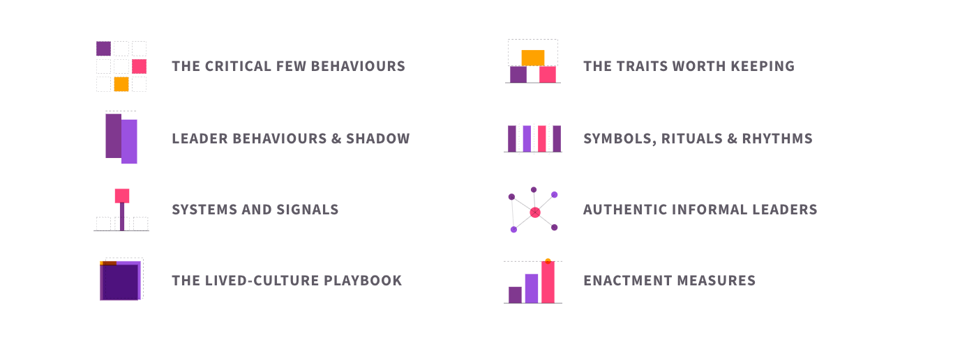 The eight elements of target culture design: the critical few behaviours, the traits worth keeping, leader behaviours and the shadow they cast, symbols, rituals and rhythms, systems and signals, authentic informal leaders, the lived-culture playbook, and enactment measures.
