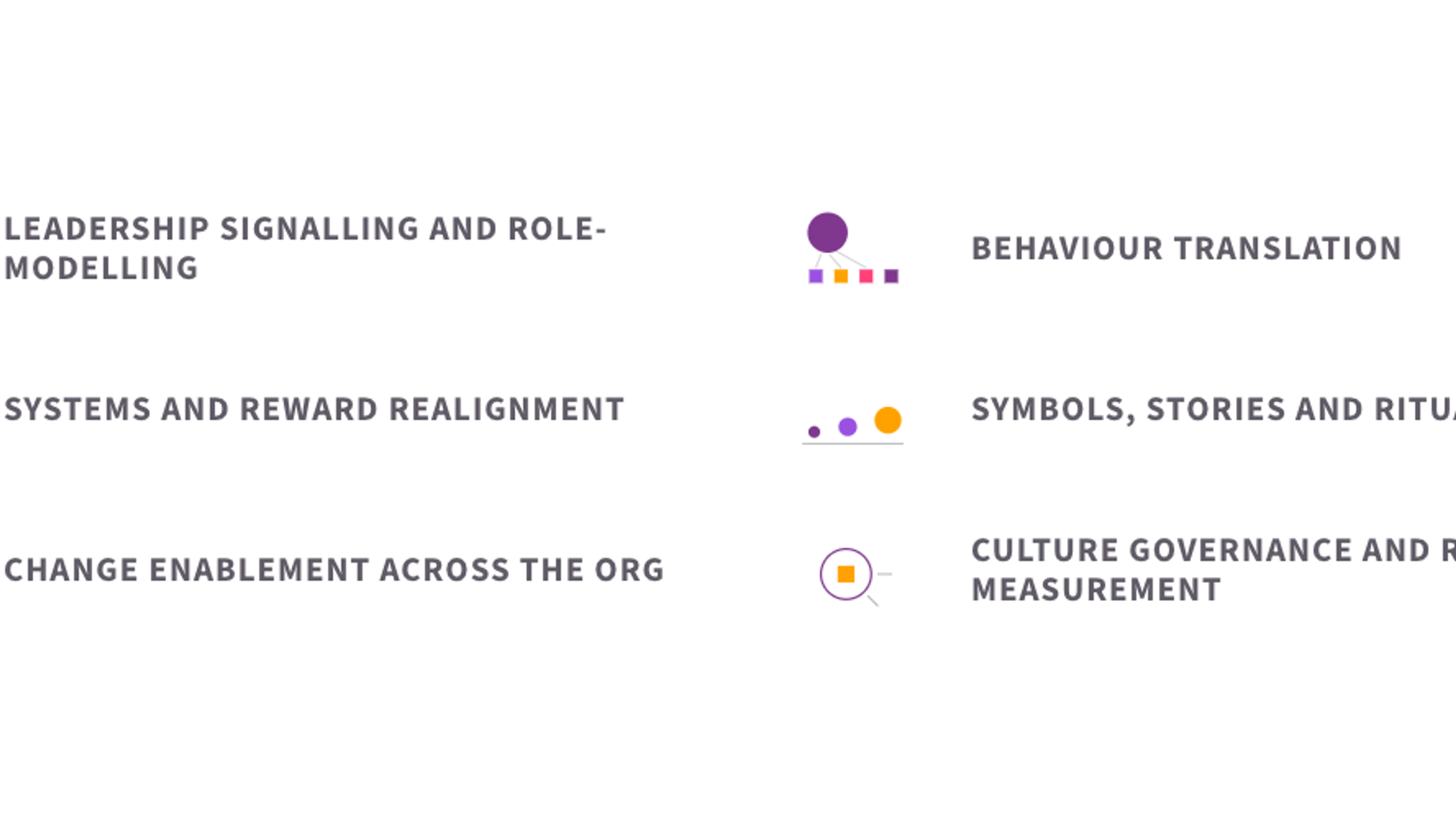 The six elements of culture change programmes: leadership signalling and role-modelling, behaviour translation, systems and reward realignment, symbols, stories and rituals, change enablement across the org, and culture governance and re-measurement.