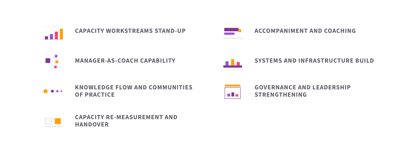 The seven elements of capacity strengthening programme: capacity workstreams stand-up, accompaniment and coaching, manager-as-coach capability, systems and infrastructure build, knowledge flow and communities of practice, governance and leadership strengthening, and capacity re-measurement and handover.