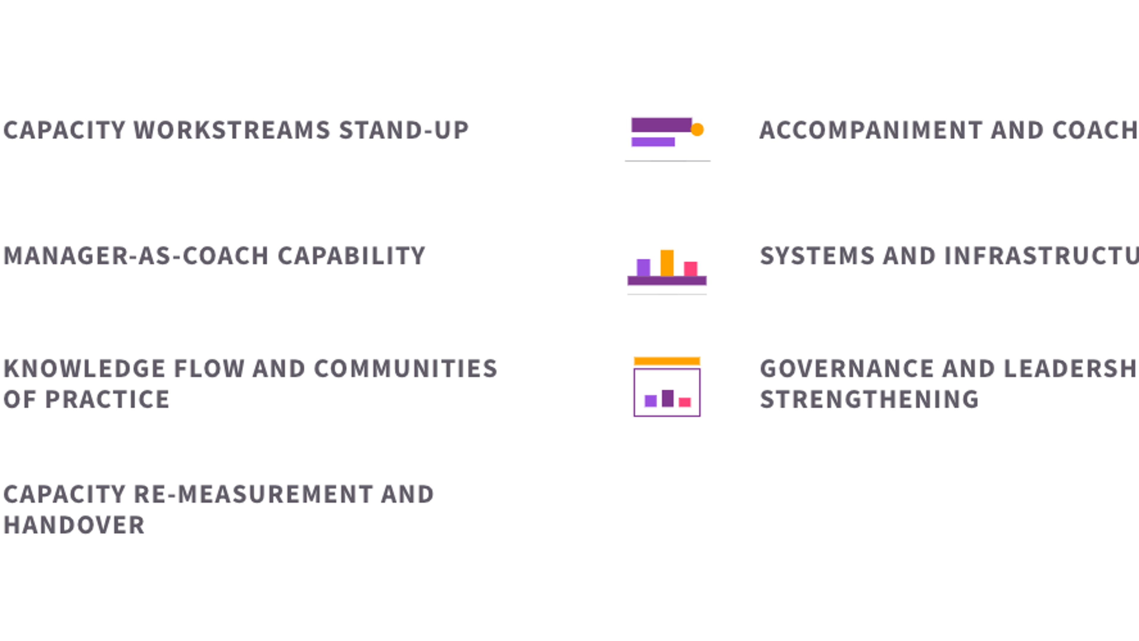 The seven elements of capacity strengthening programme: capacity workstreams stand-up, accompaniment and coaching, manager-as-coach capability, systems and infrastructure build, knowledge flow and communities of practice, governance and leadership strengthening, and capacity re-measurement and handover.