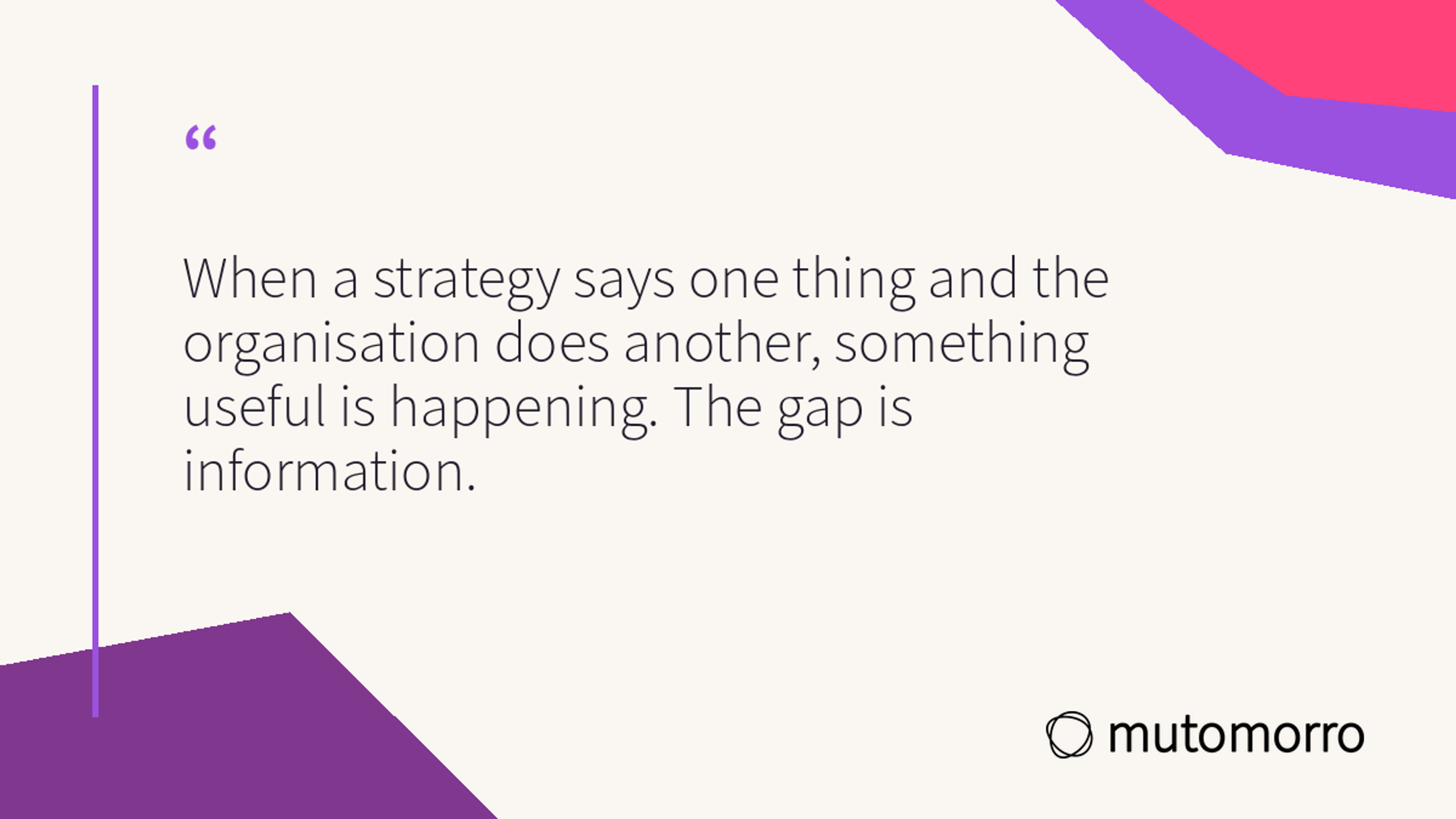 Pull quote card reading: When a strategy says one thing and the organisation does another, something useful is happening. The gap is information.