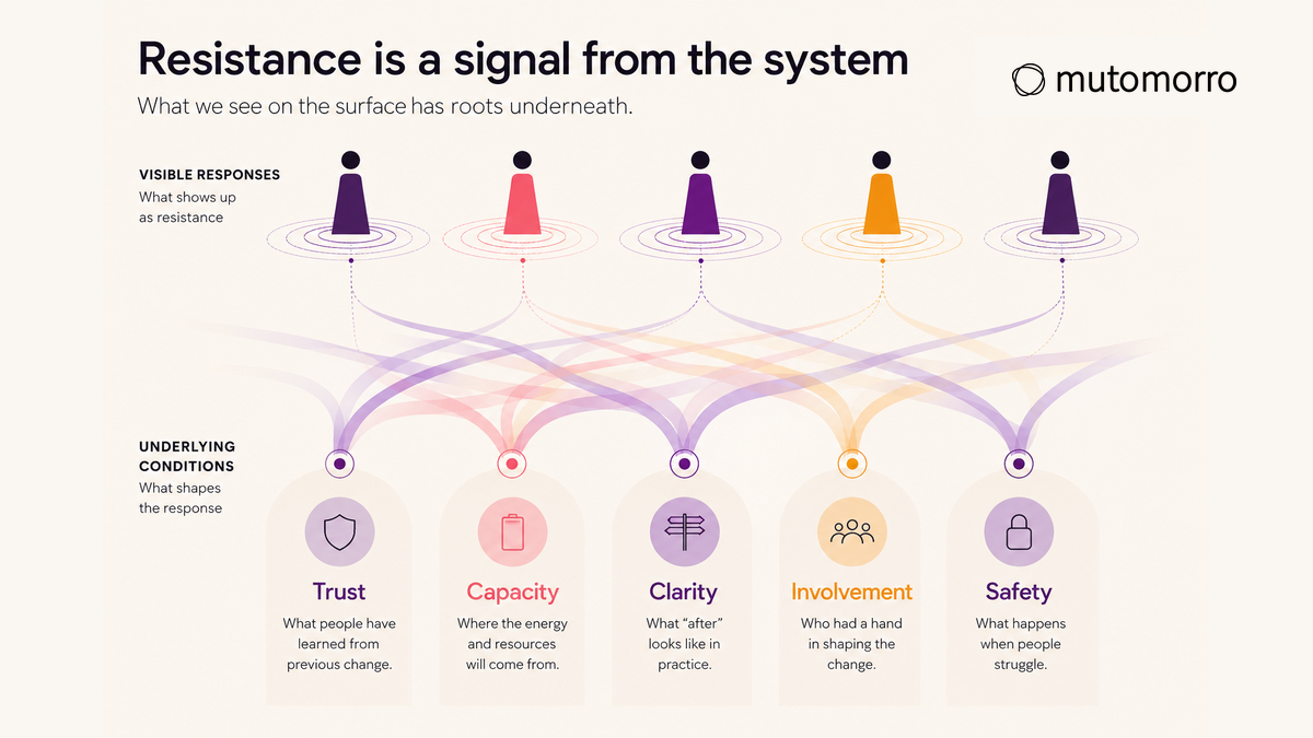 Diagram titled Resistance is a signal from the system, showing five underlying conditions - trust, capacity, clarity, involvement and safety