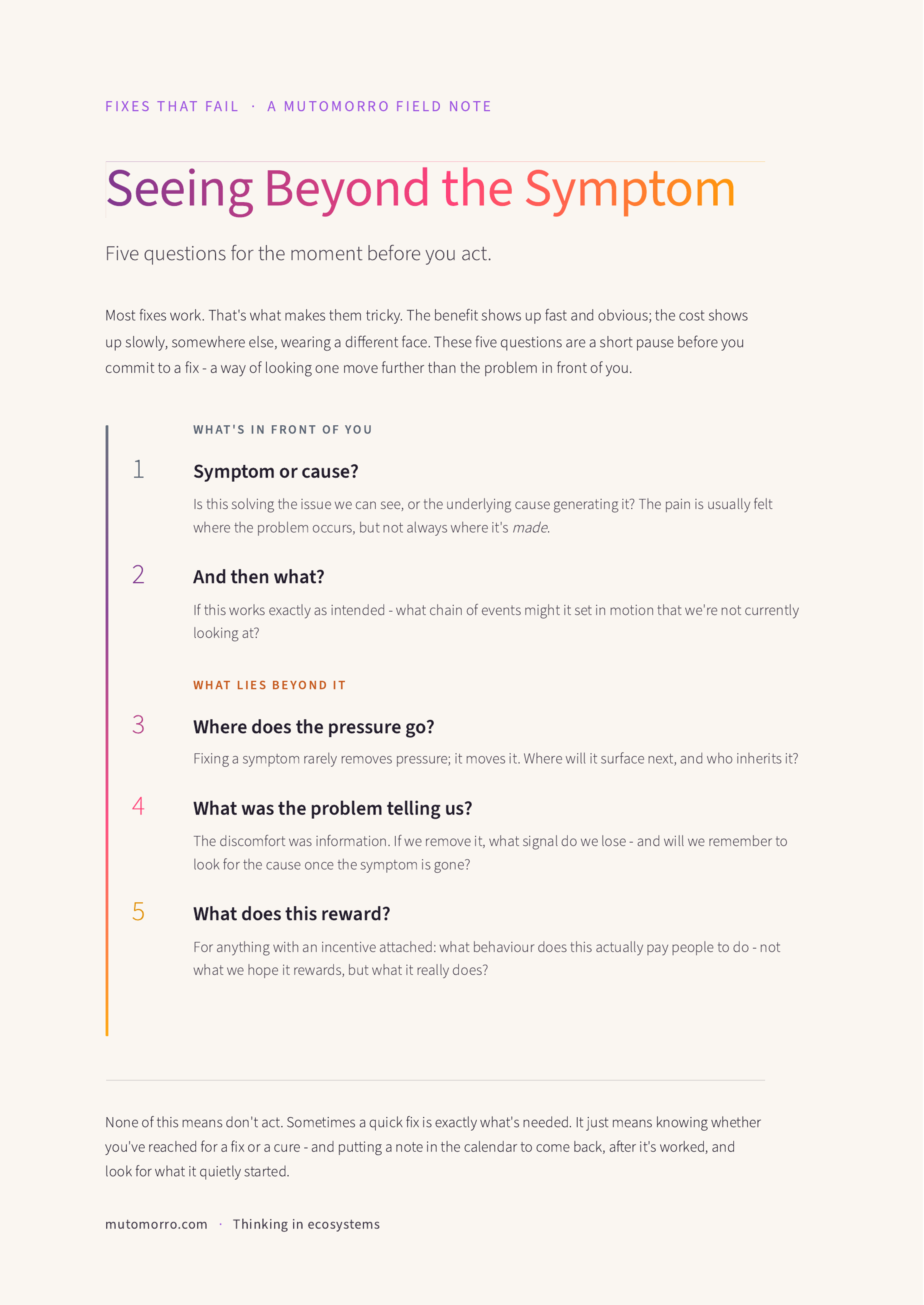 The first page of the Seeing Beyond the Symptom field note, listing five questions to ask before committing to a fix.