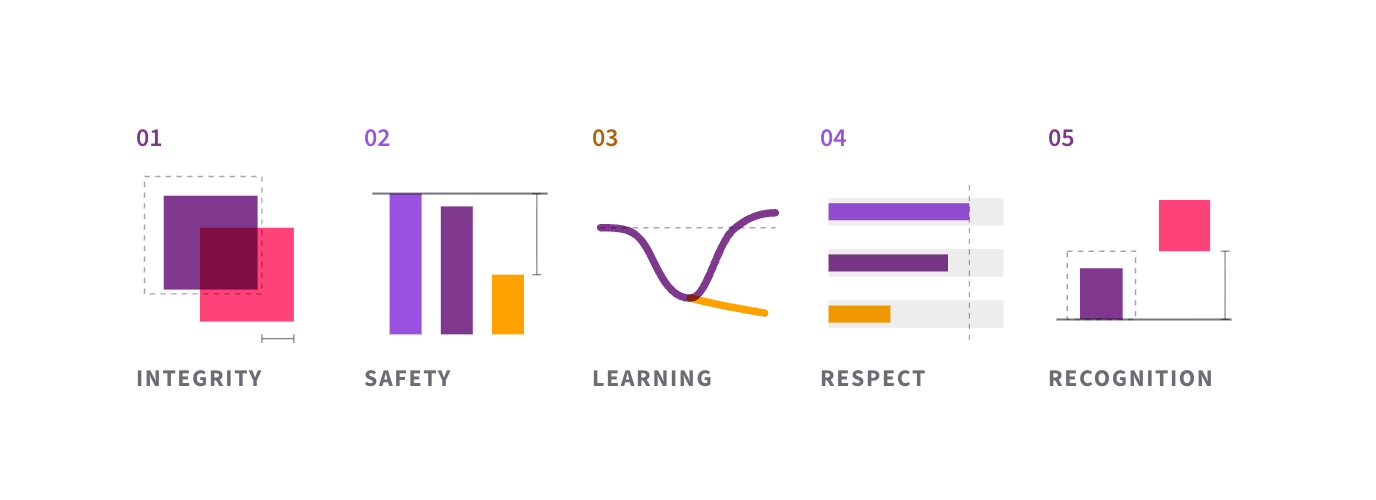 The five angles of an organisational culture assessment: integrity, safety, learning, respect, and recognition.
