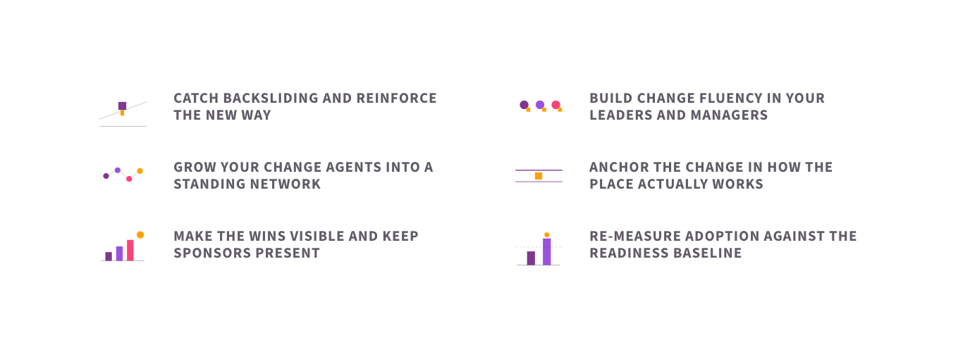 The six elements of making change stick: catching backsliding and reinforcing the new way, building change fluency in leaders and managers, growing your change agents into a standing network, anchoring the change in how the place works, making the wins visible and keeping sponsors present, and re-measuring adoption against the readiness baseline.