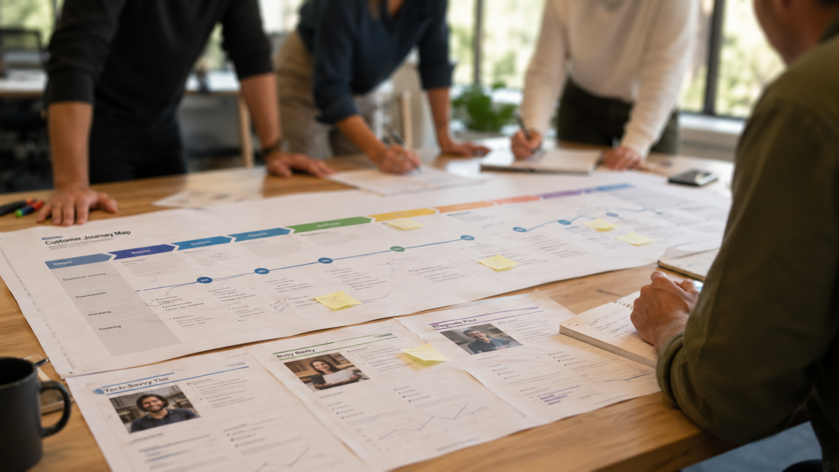 A customer experience training course - a long printed customer journey map is spread across a table, with a few printed persona sheets beside it. A mixed group leans over the map, discussing and marking it up by hand.