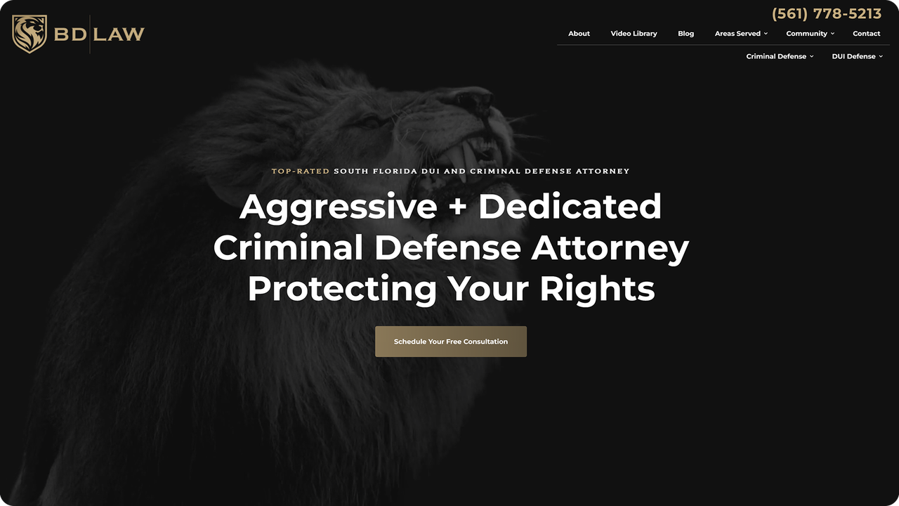 Website landing page for BD Law, featuring a lion photo, text about criminal defense, and a contact button.