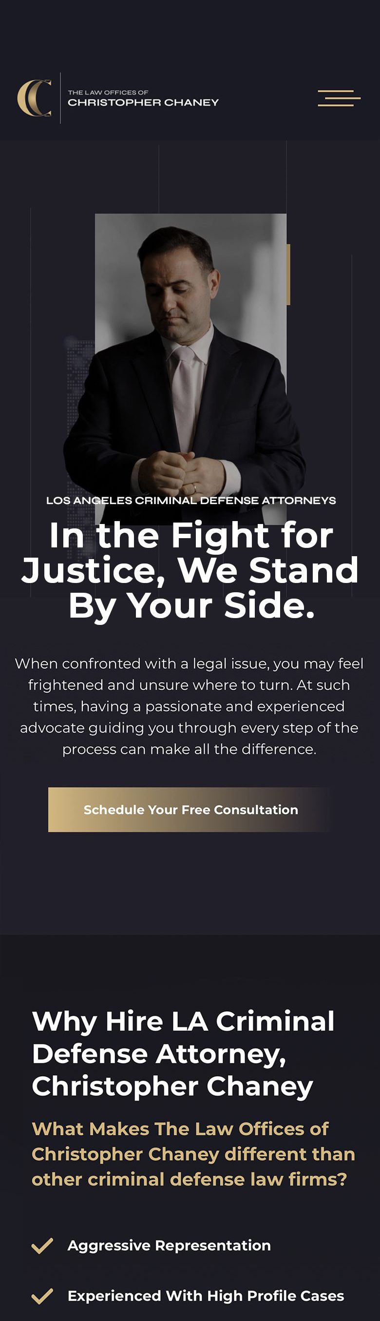 A website for Christopher Chaney's law offices. Features his portrait, office name, and a consultation button.