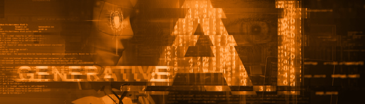 Abstract image with "AI" text, digital data, and a human eye.