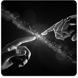 Human and robot hands touch, connected by light and lines, suggesting technology and connection.