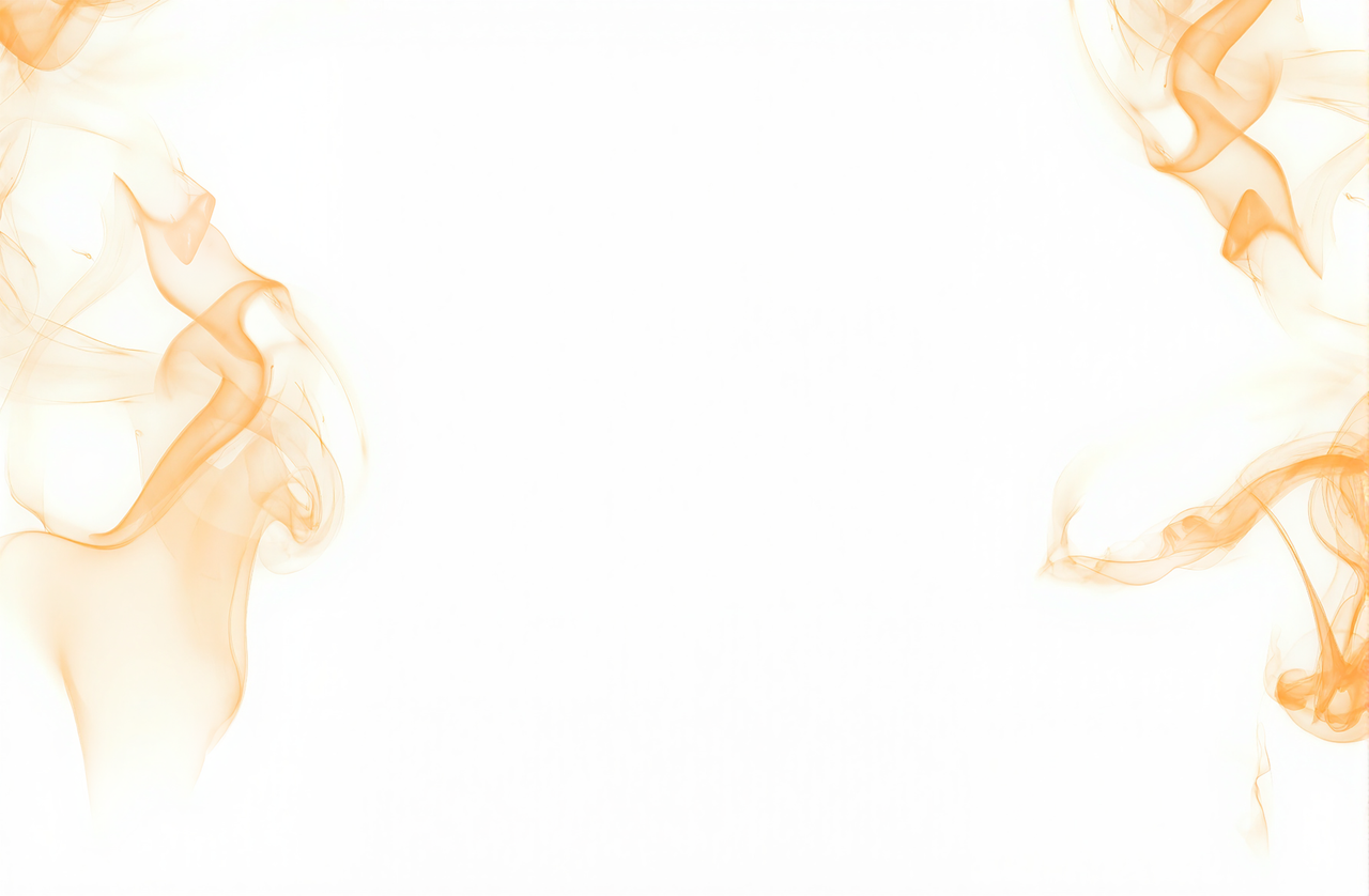 Orange wisps of smoke swirl against a white background, framing the left and right edges.