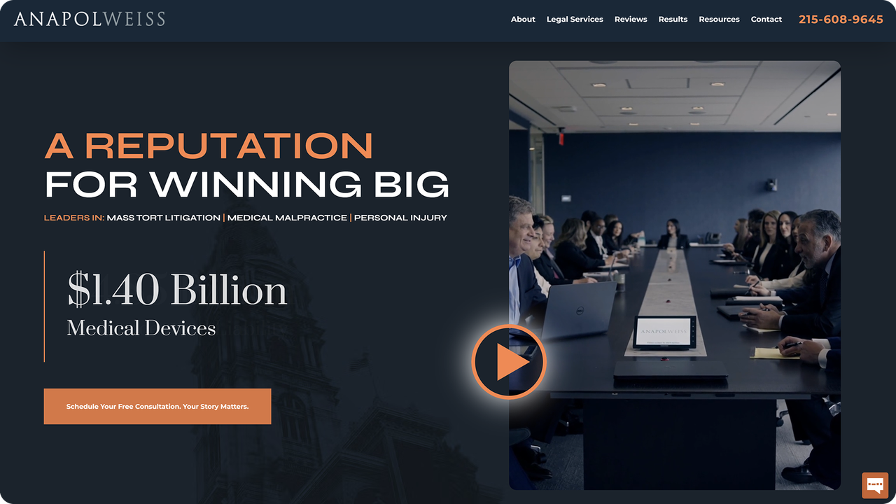 Website for ANAPOLWEISS law firm with a courtroom scene and text highlighting their success in winning big cases.