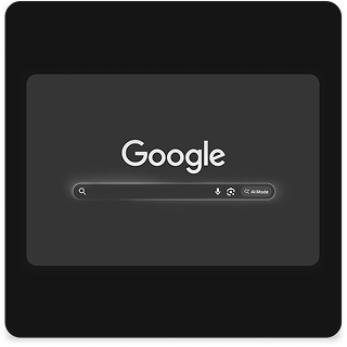 Google search interface on a dark background with a search bar and "AI Mode" button.