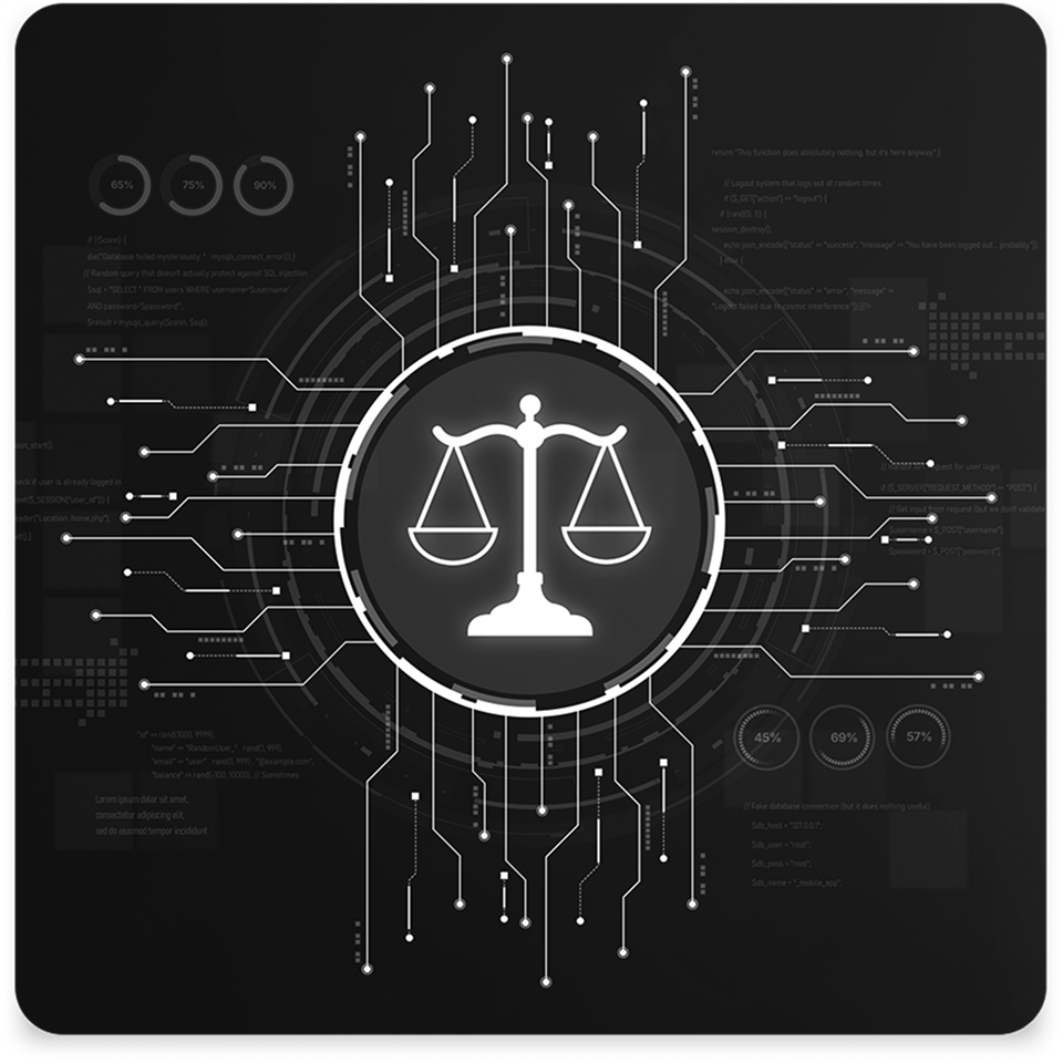 Law and Technology graphic: Scales of Justice in a glowing circle, surrounded by computer code, percentage circles, and ci...
