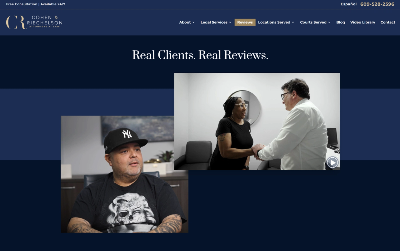 A website page for Cohen & Riechelson law firm features real client video reviews. An attorney shakes hands with a female ...