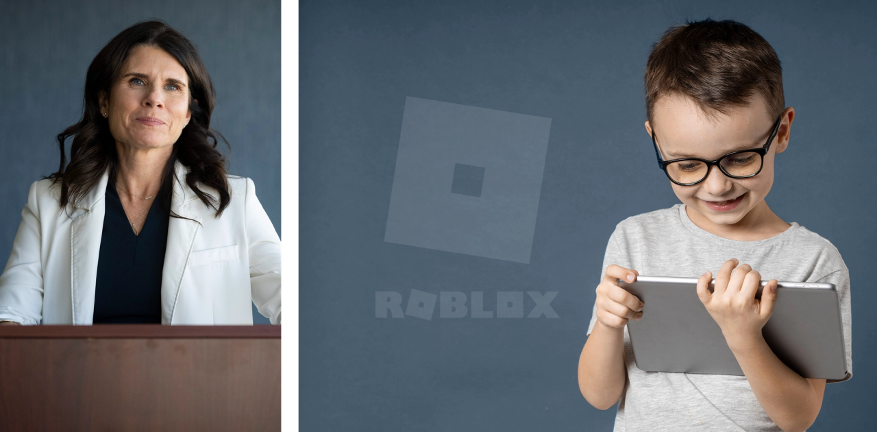 Woman at podium, boy playing Roblox on tablet. Two-panel image.