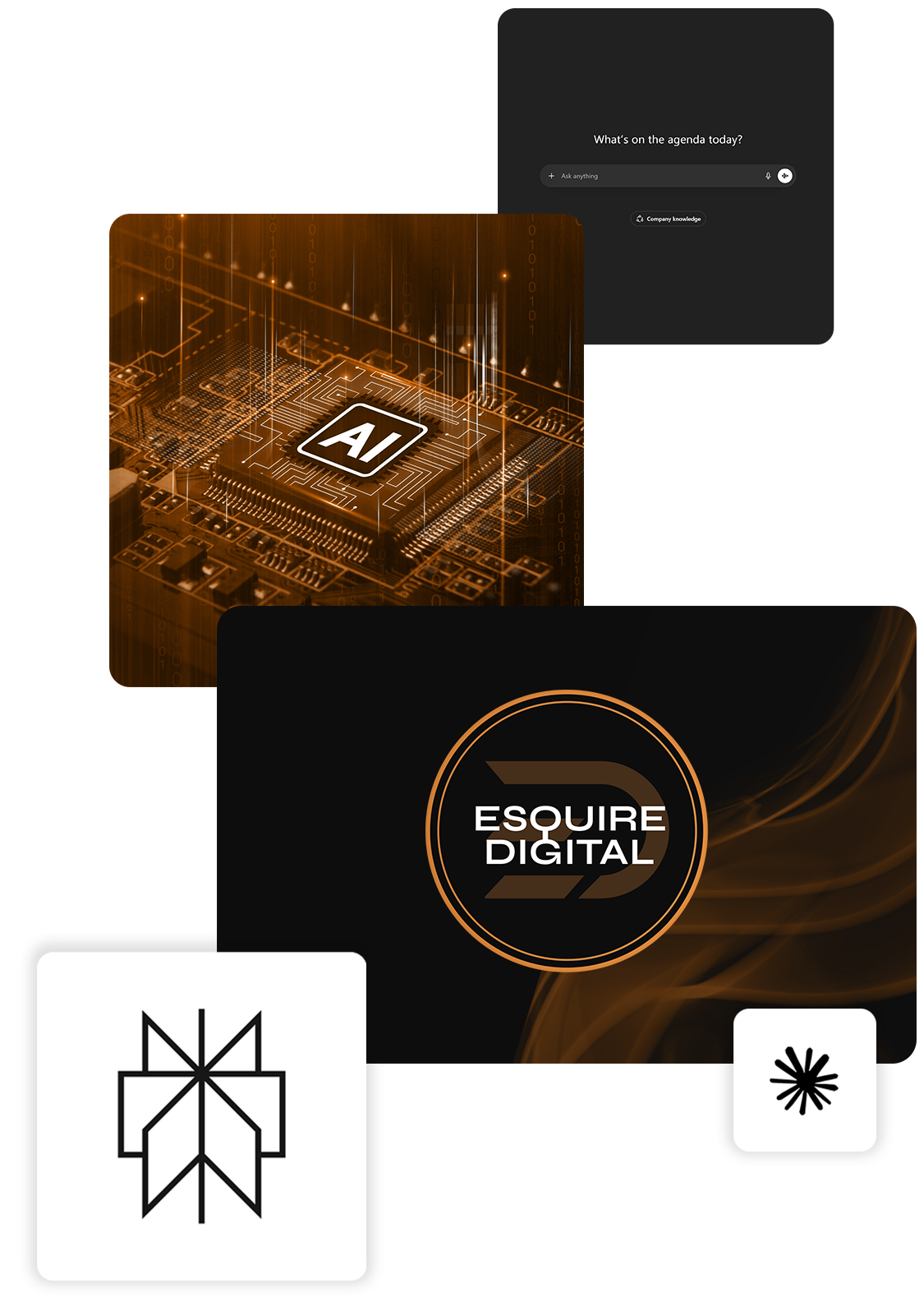 Digital marketing graphic. AI chip, logo, chat box with "What's on the agenda today?" and geometric designs.