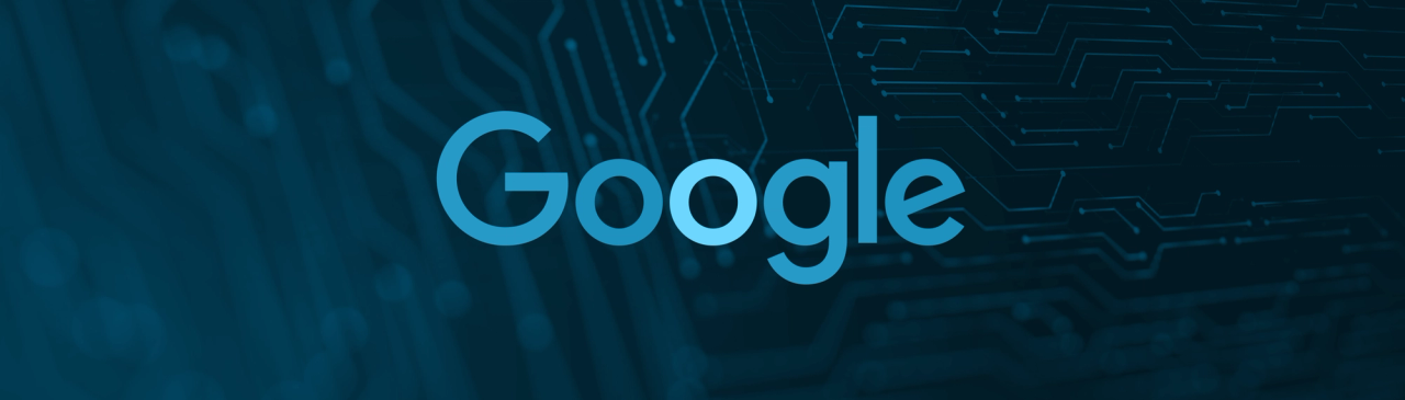"Google" logo on a dark blue background with abstract circuitry design.
