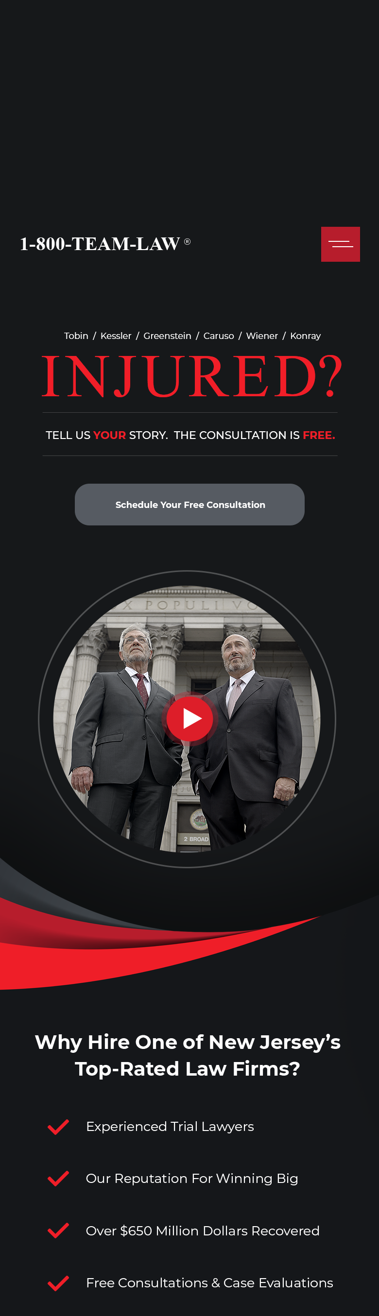 Website homepage for 1-800-TEAM-LAW, featuring lawyers, a video play button, and client testimonials.