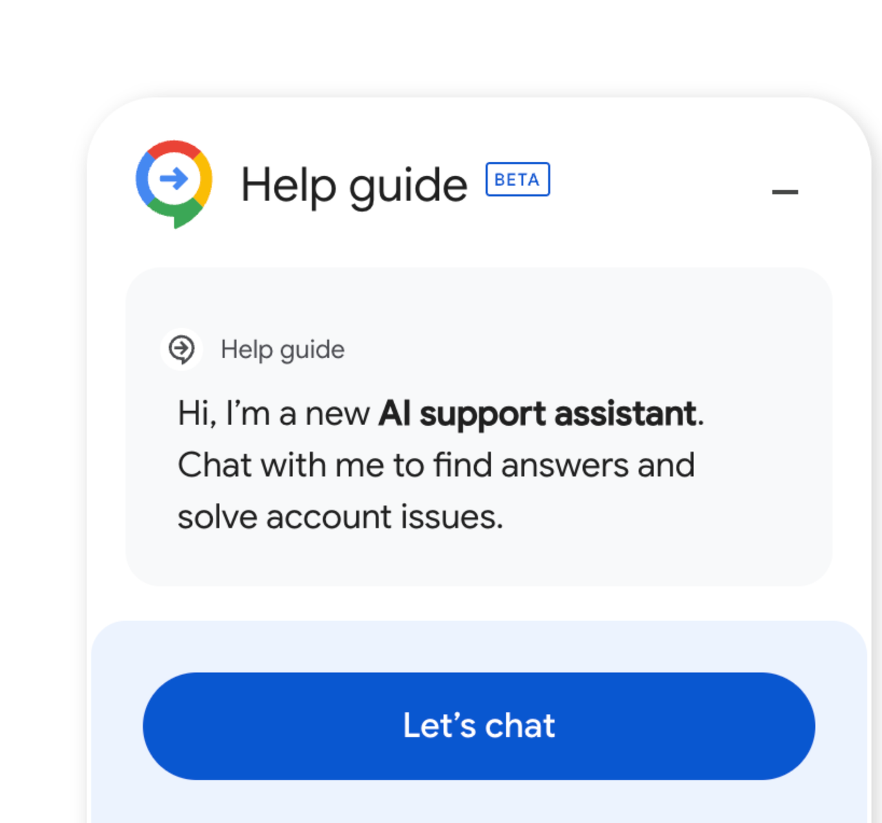 Google Help guide card with AI support assistant, "Let's chat" button.