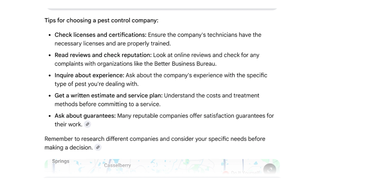 Tips for choosing a pest control company. Includes points about licenses, reviews, experience, estimates, & guarantees.