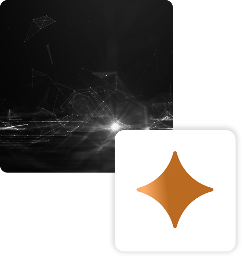 Abstract tech-themed background with a glowing brown star-shaped icon on a rounded square.