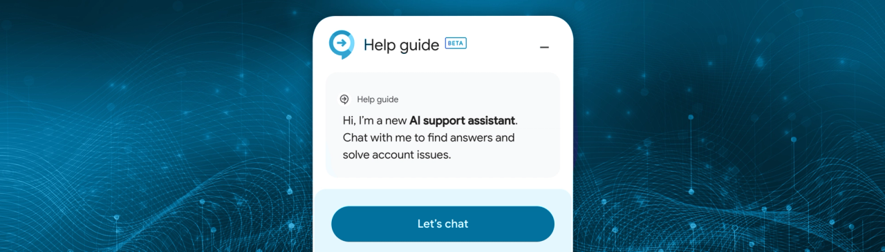 A mobile interface showing a help guide chat assistant with a "Let's chat" button, set against a blue abstract background.