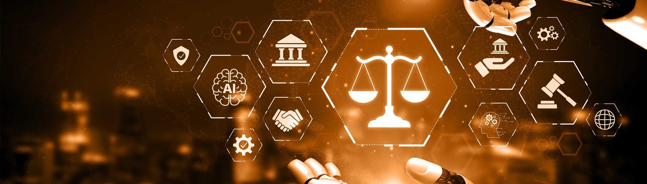 AI-driven legal tech concept. Futuristic robotic hands with law & technology icons in hexagons.