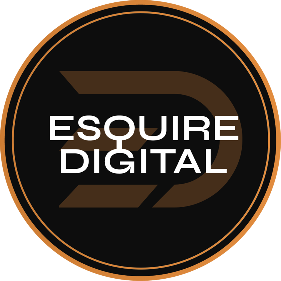 Logo for Esquire Digital. White text on a black circle with a brown abstract D shape. Orange background.