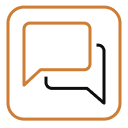 Two overlapping speech bubbles, one with a drop shadow, within an orange outlined square.