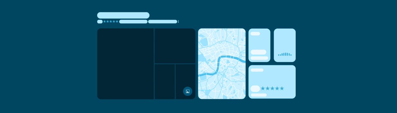 Illustration of a user interface layout with map, ratings, and chart elements, in shades of blue.