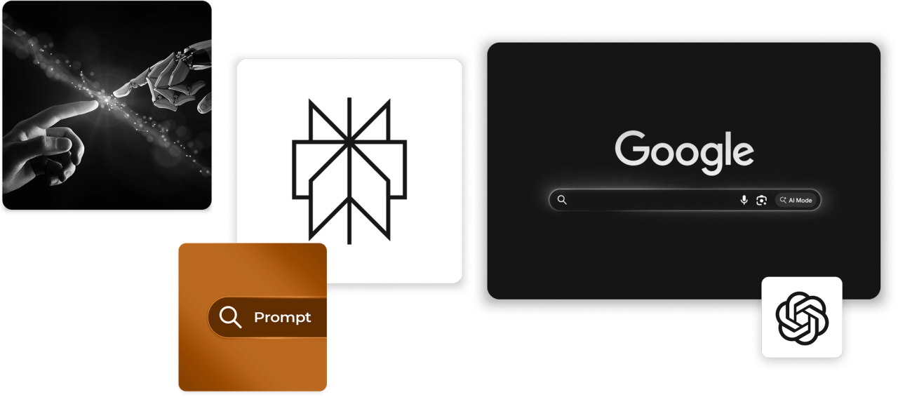 AI theme with human and robotic hands, Google search bar, ChatGPT icon, and a prompt button.