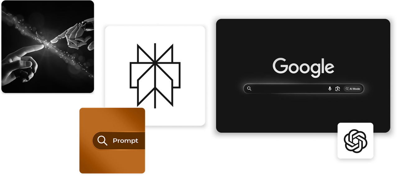 AI theme with human and robotic hands, Google search bar, ChatGPT icon, and a prompt button.