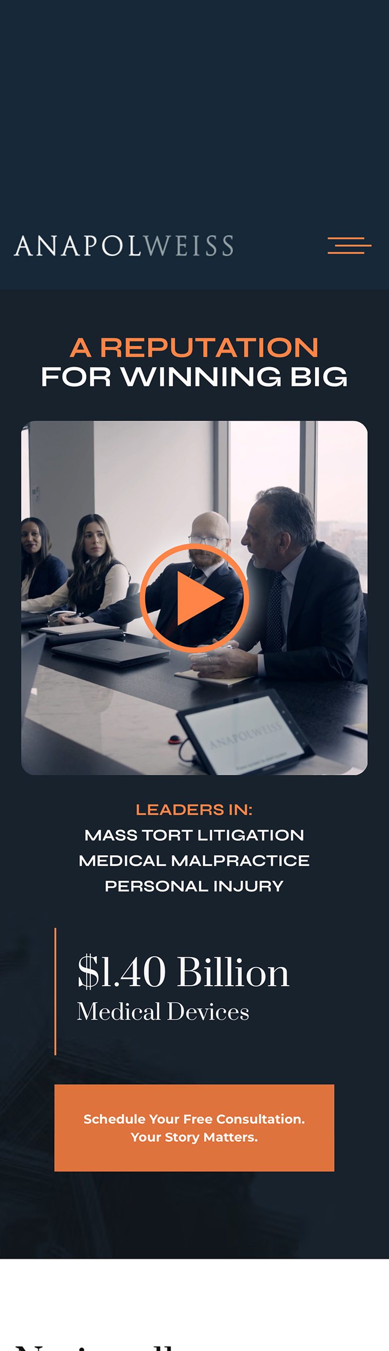 Law firm webpage with video of lawyers in meeting. Text: "$1.40 Billion, Medical Devices."