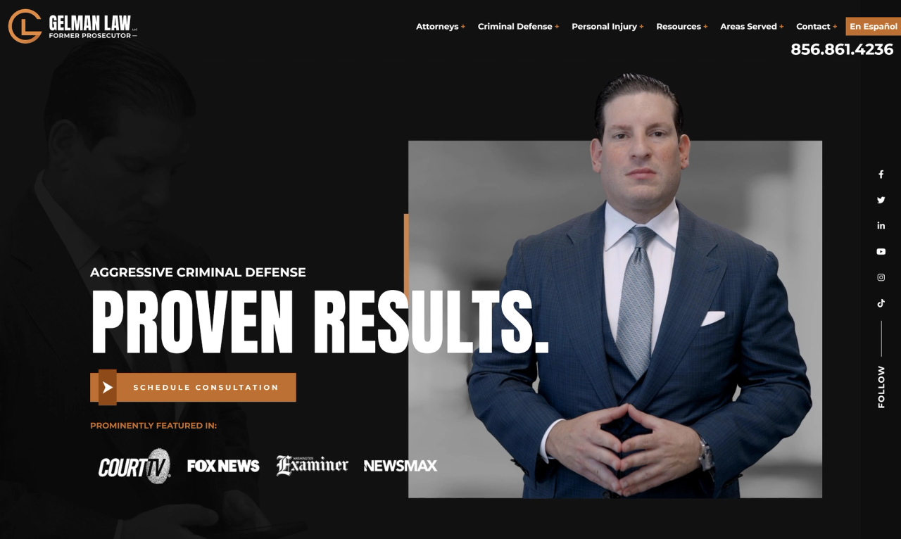 Image Website landing page for Gelman Law LLC, featuring a lawyer in a suit and the words "Proven Results."
