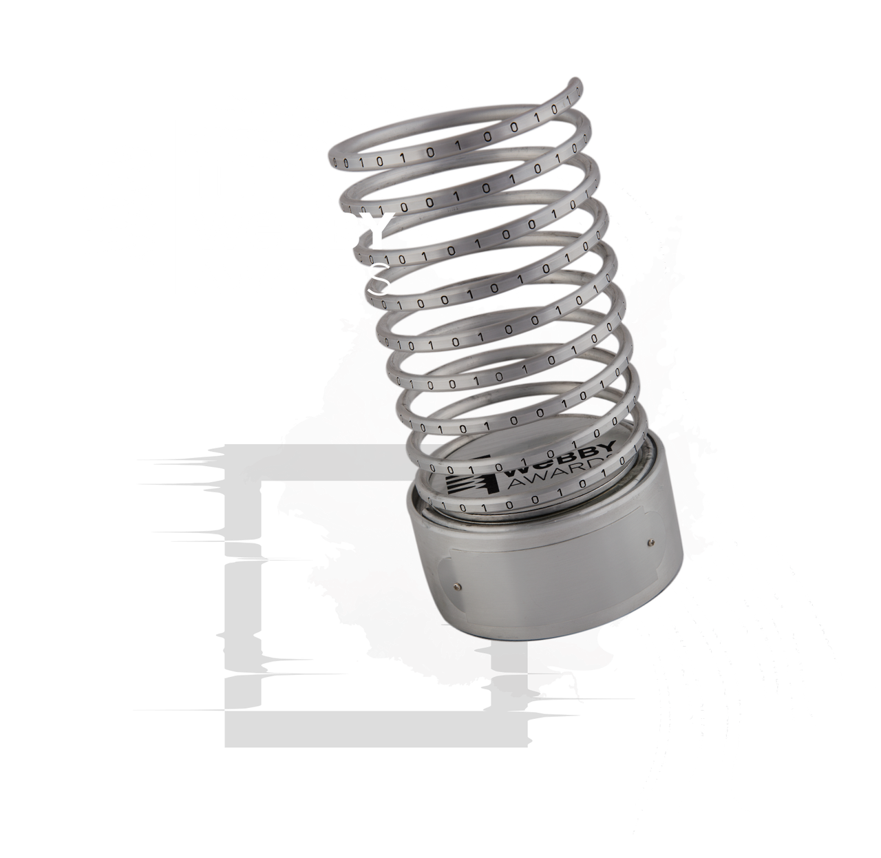 Webby Awards logo and a futuristic trophy with a binary code spiral on a black background.