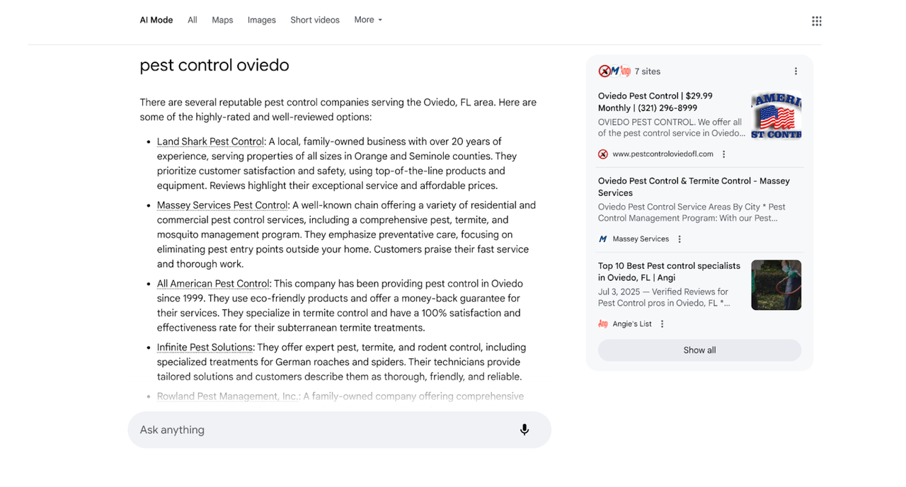 A search results page for "pest control oviedo," showing local pest control business listings and an AI overview.