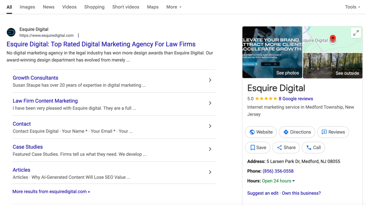 Traditional Google Business Profile layout showing Esquire Digital’s listing on the right side of the search results page before full-width testing..png