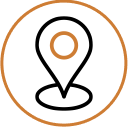Icon of a white recycle symbol with an orange circle outline against a black background.