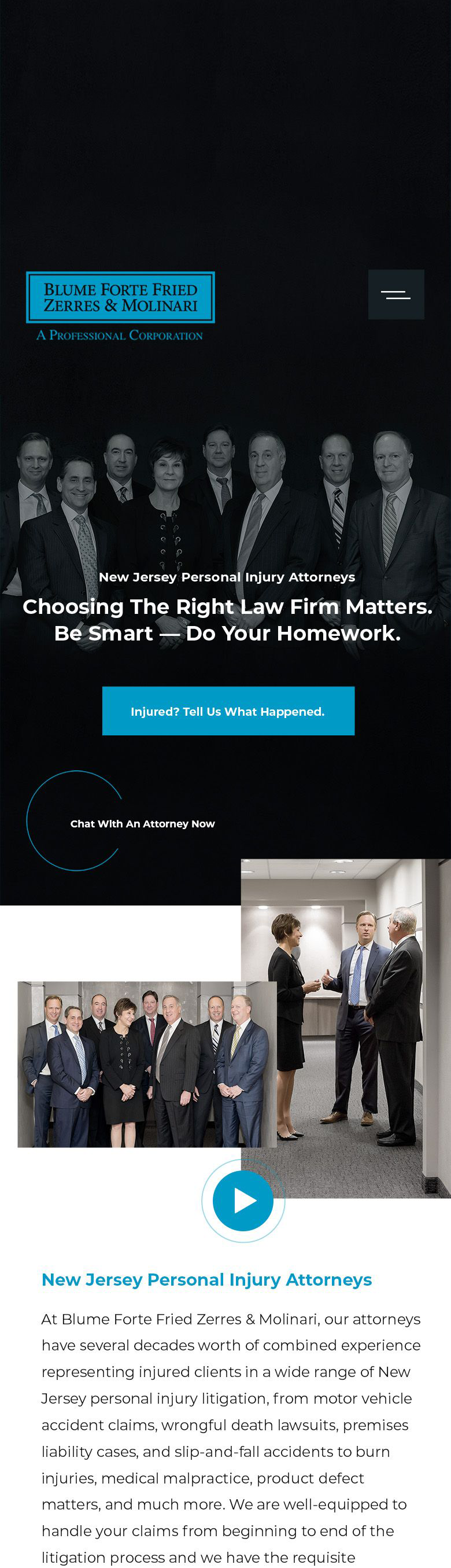 Website showcasing a law firm with attorneys' portraits and office scenes.