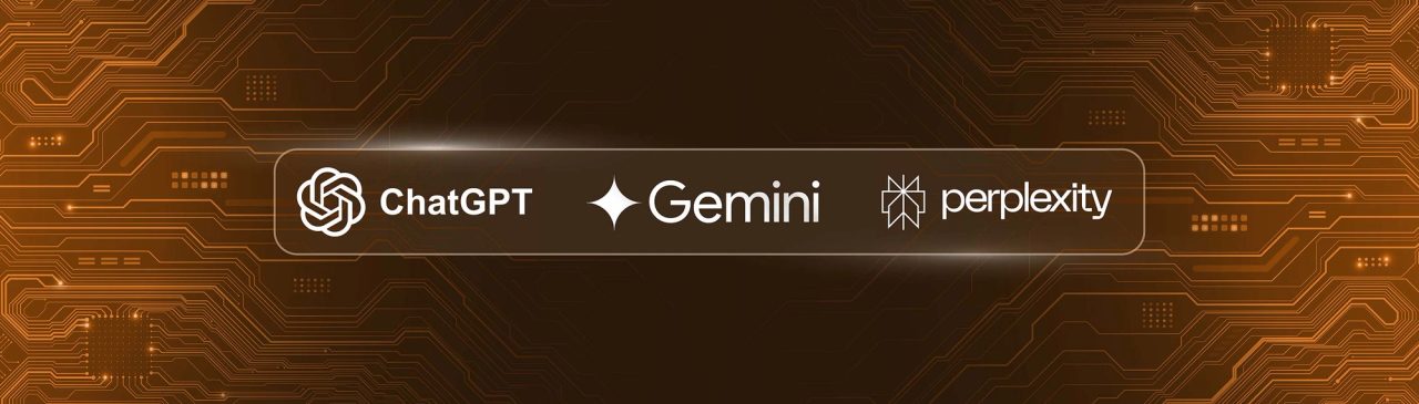 ChatGPT, Gemini, and Perplexity logos over an orange background that resembles a circuit board.