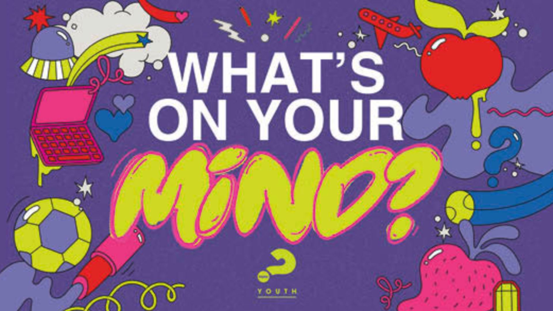 Alpha Youth: What's on your mind written in a playful font over a cartoon background.