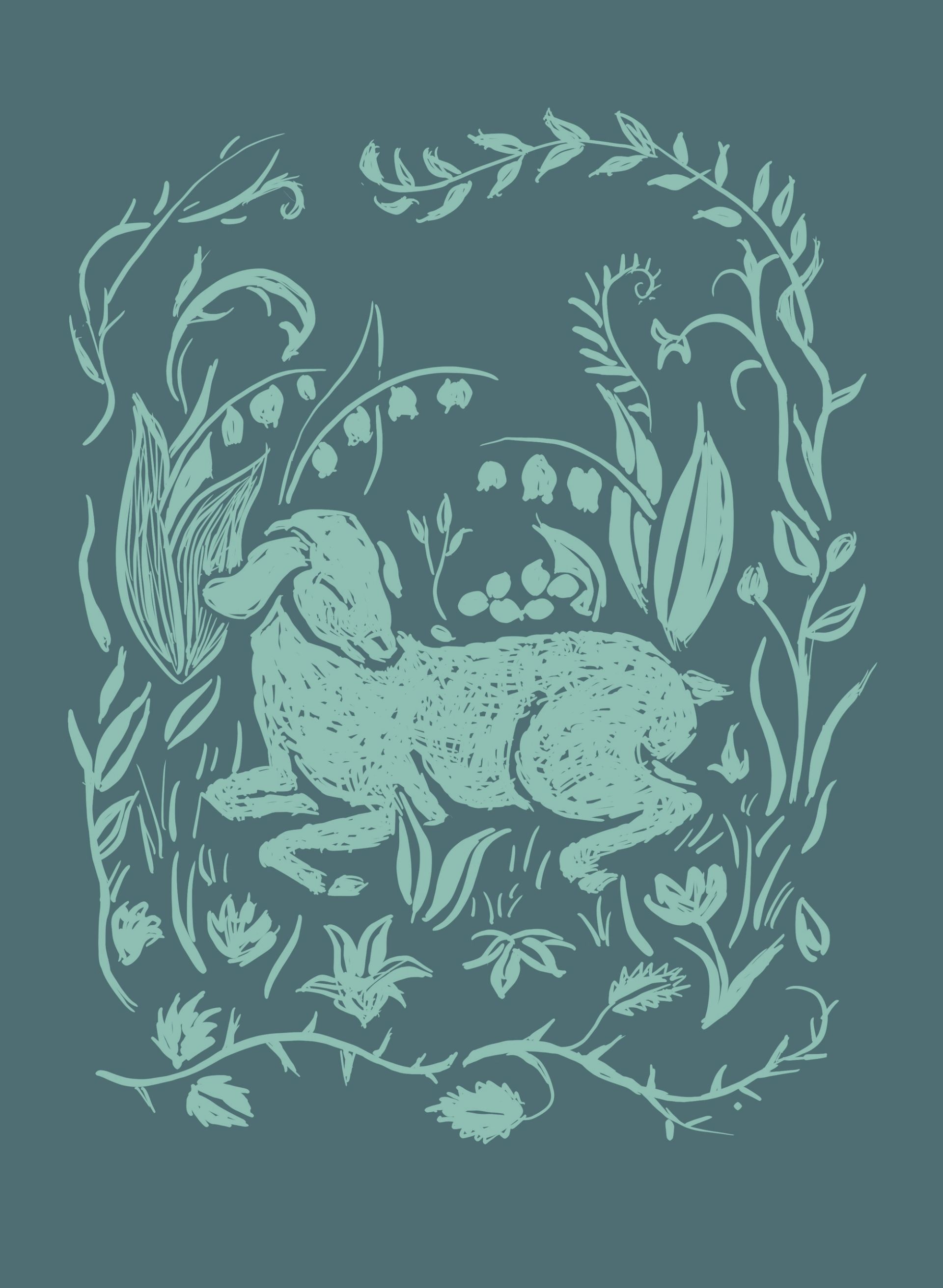 A linocut of a lamb in a field of flowers and fronds.