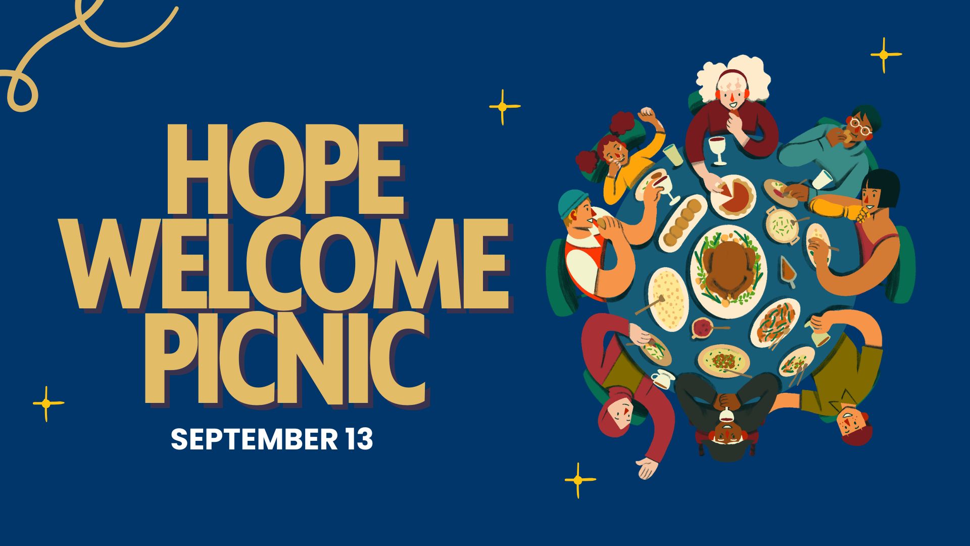 Hope Welcome Picnic September 13. Illustration of people feasting.