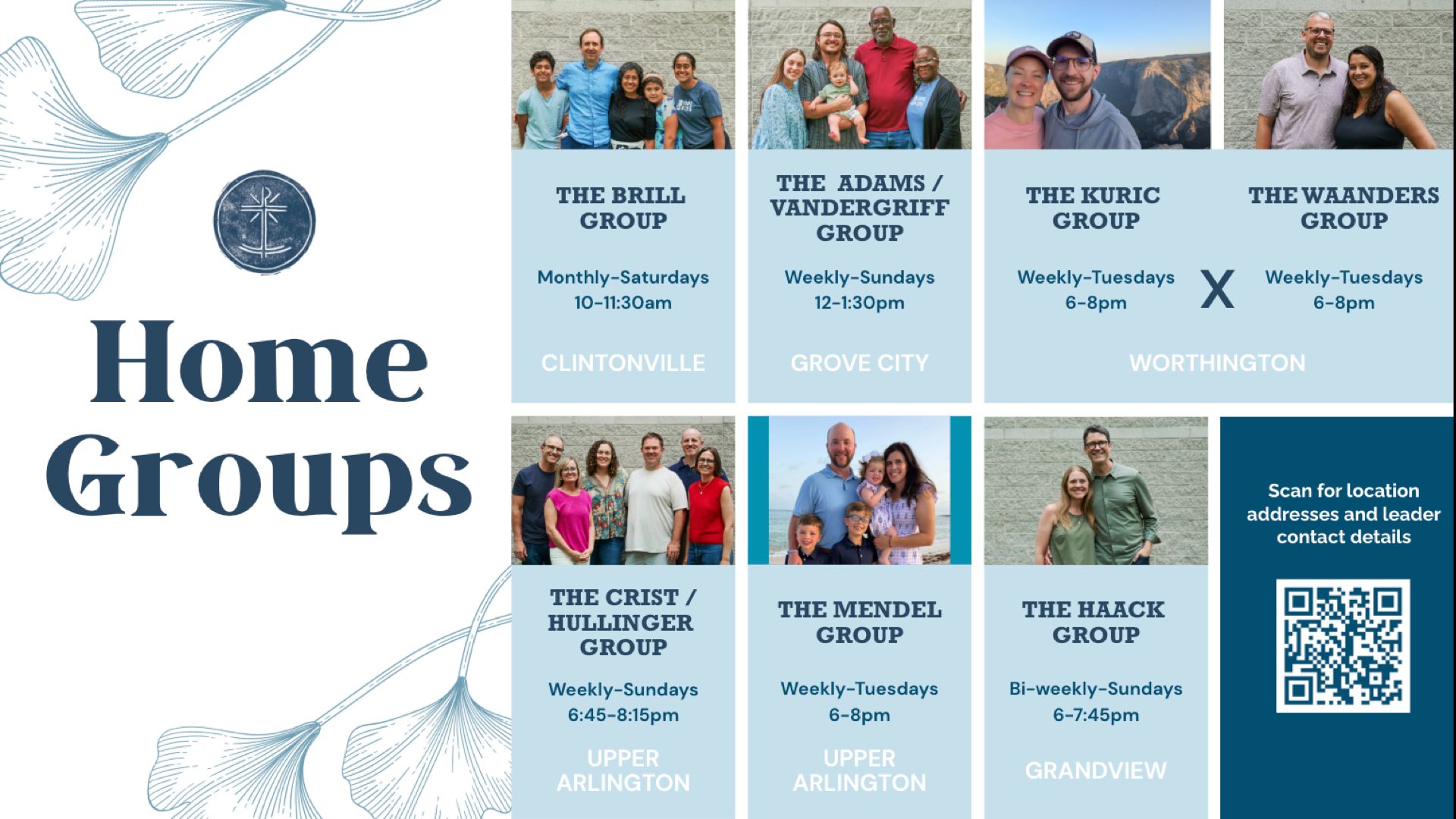 Hope Home Groups Lineup, featuring photos of the home group leaders. The Brill Group: Monthly-Saturdays, 10-11:30 a.m., Clintonville. The Crist/Hullinger Group, Weekly-Sundays, 6:45-8:15 p.m., Upper Arlington. The Adams/Vandergriff Group, Weekly-Sundays, 12-1:30 p.m., Grove City. The Mendel Group, Weekly-Tuesdays, 6-8 p.m., Upper Arlington. The Kuric Group, Weekly-Tuesdays, 6-8 p.m., and The Waanders Group, Weekly-Tuesdays, 6-8 p.m., Worthington. QR code leads to location addresses and leader contact details: https://www.hopechurchcolumbus.org/groups.