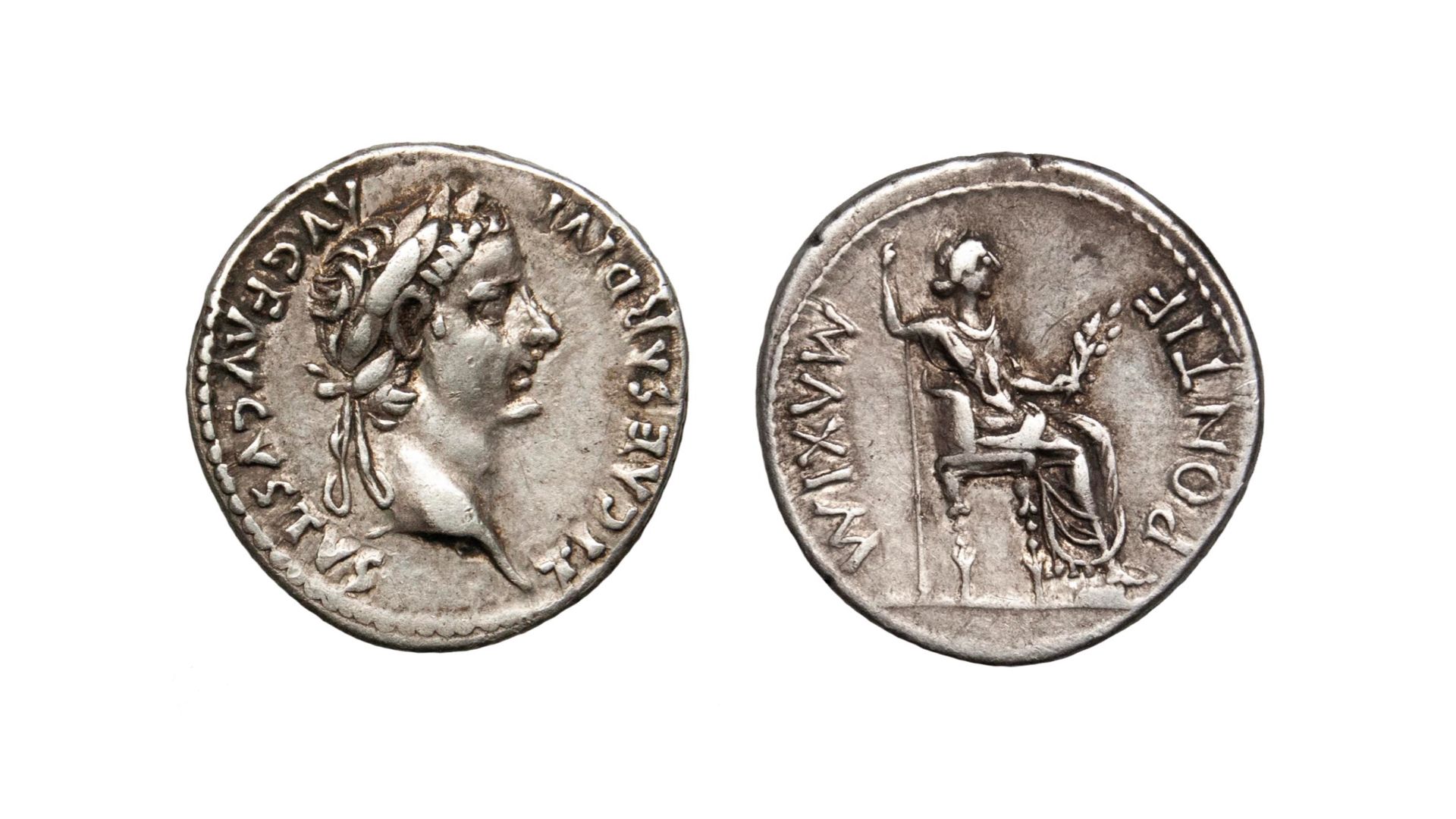 Picture of ancient coin, front and back. Image of front is an etching of Tiberius, and on the back an etching of Livia.