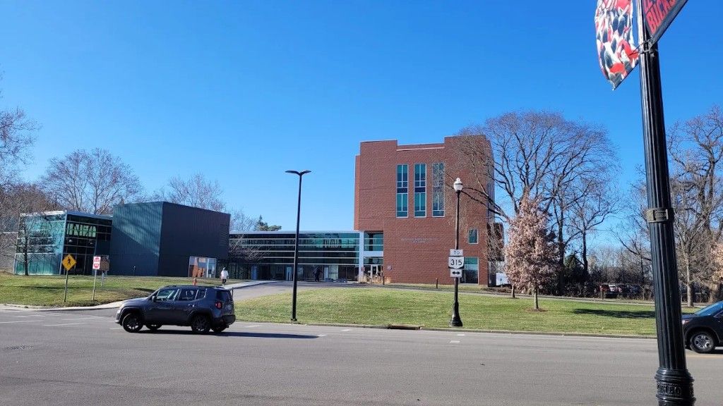 Exterior view of the Nationwide and Ohio Farm Bureau 4-H Center on Ohio State's campus, seen from across the street.
