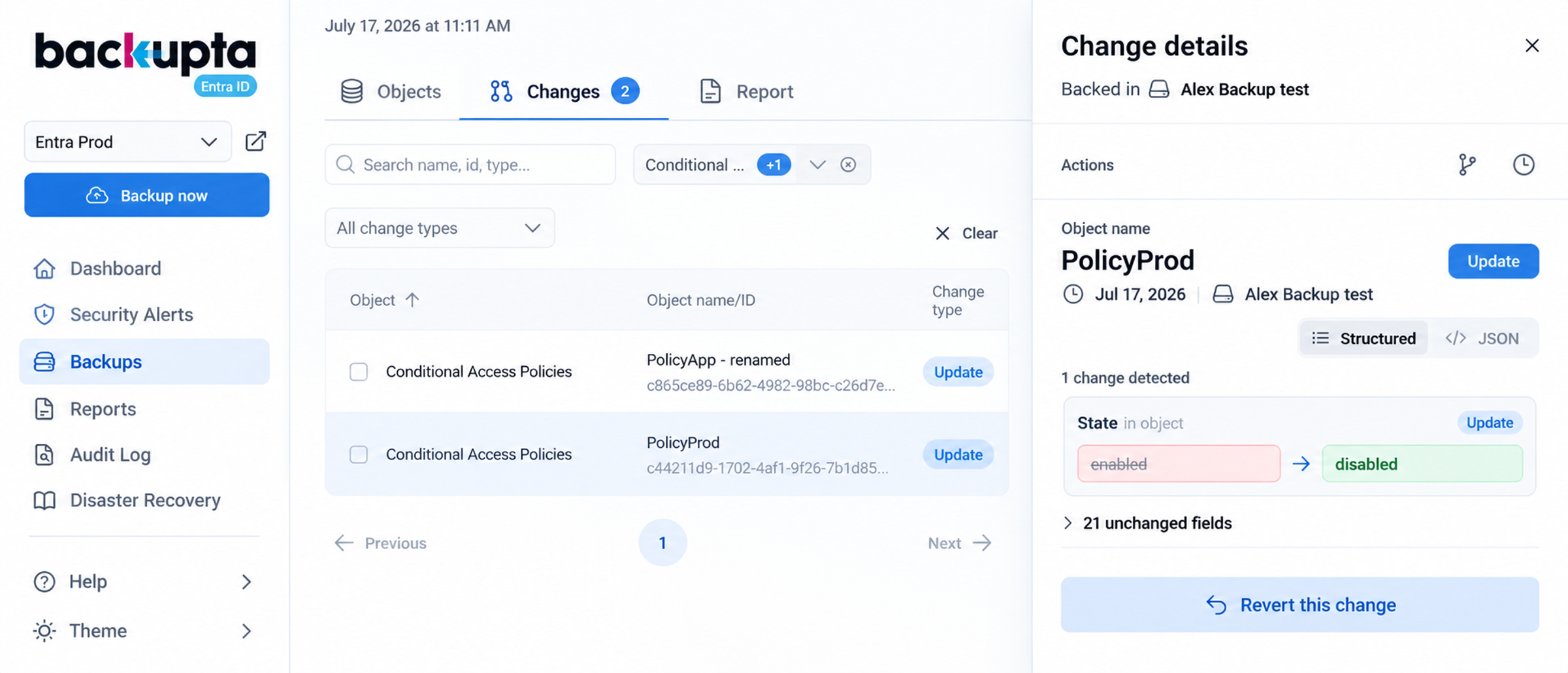 Conditional Policies tracking and recovery in Backupta