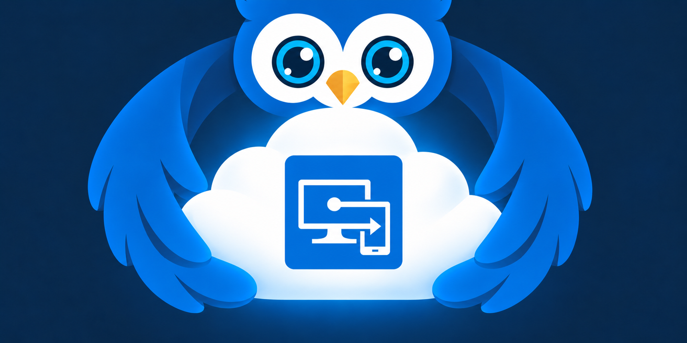 Backie, Backupta’s blue owl mascot, wraps his wings around a cloud containing the Microsoft Intune logo, illustrating protection for Intune configurations.