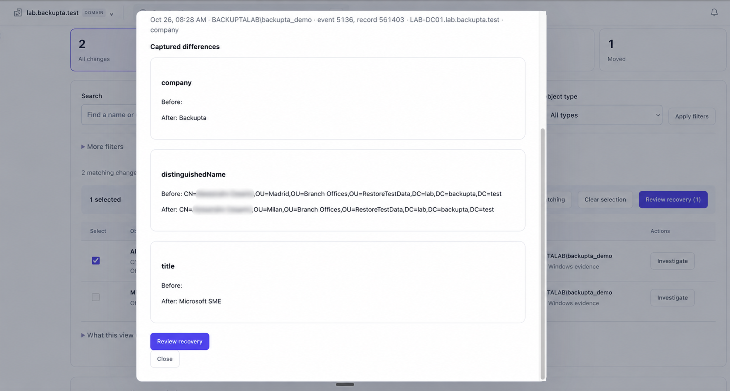 Backupta compares Active Directory object attributes before and after a change, with an option to review recovery.